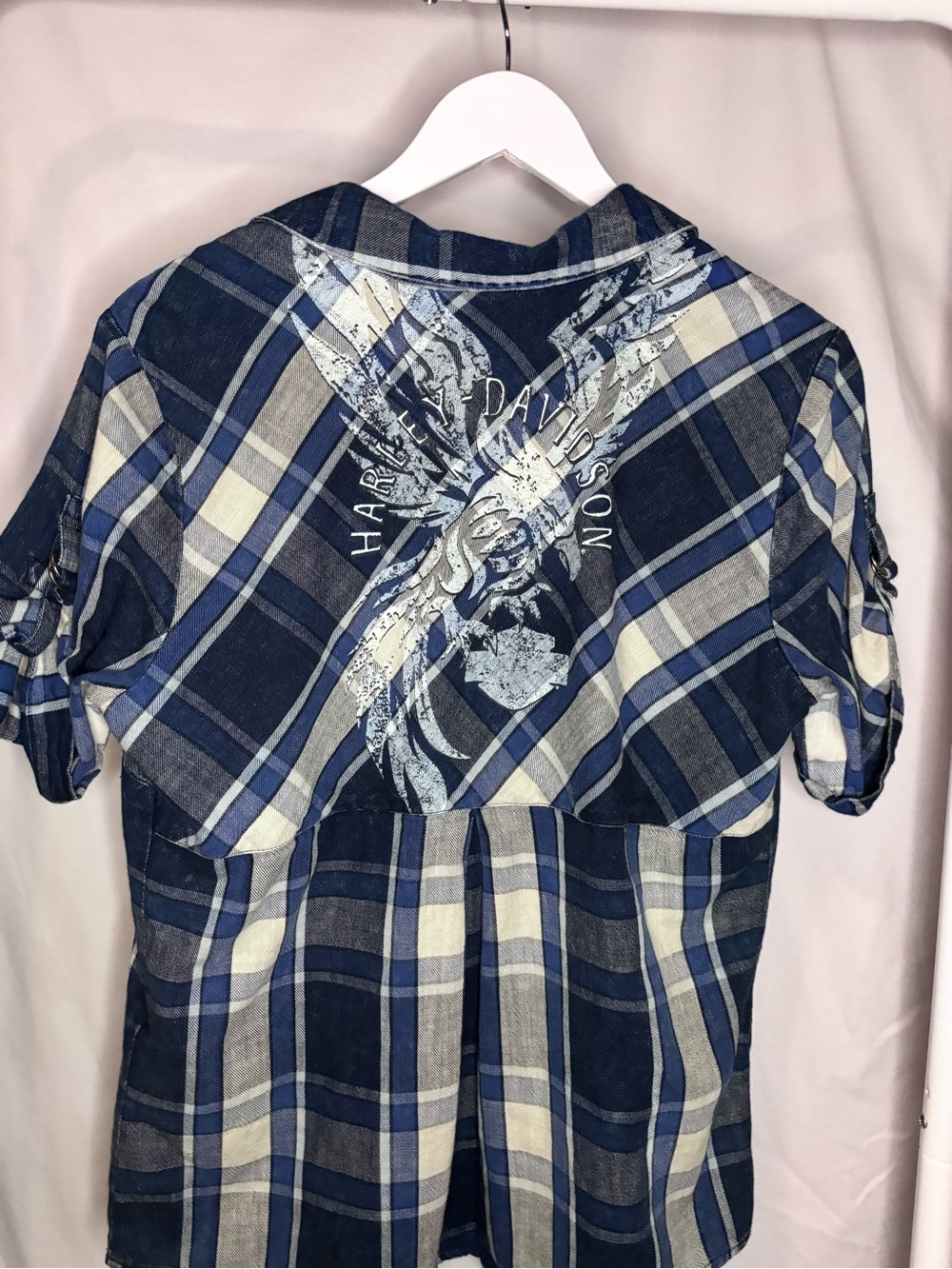 Harley-Davidson Blue and White Plaid Short-Sleeve Shirt - Picture 3 of 3